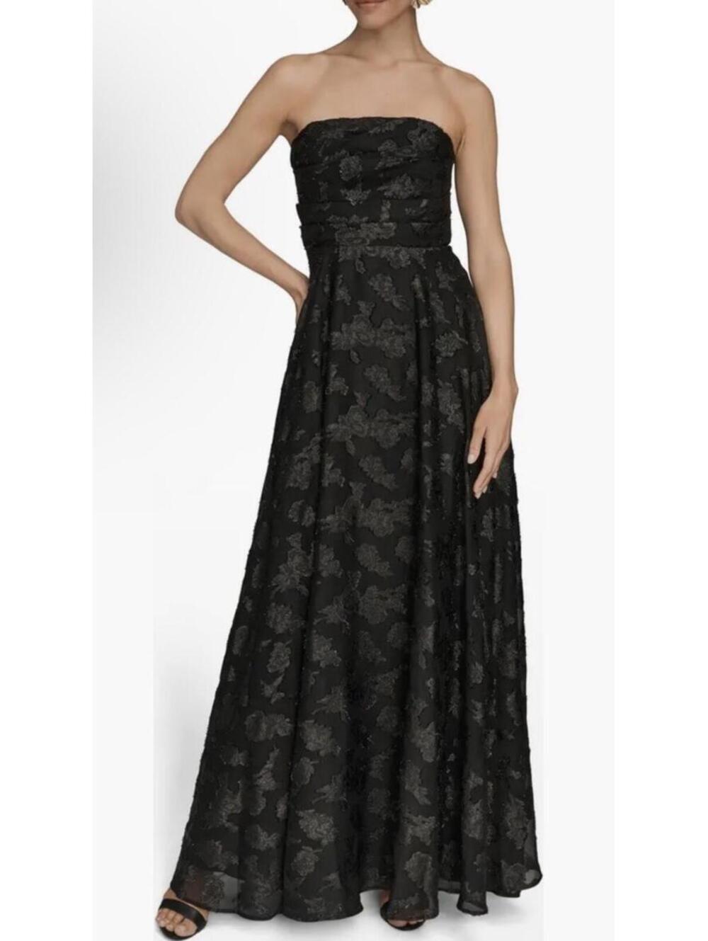 New Donna Karan New York Ruched Metallic Strapless Gown In Black Sz 10